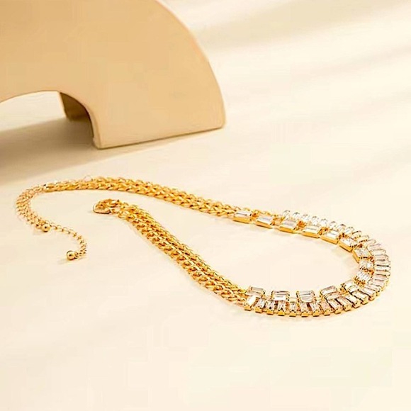 Gold Plated Diamond Baguette Multilayer Choker Necklace - Picture 6 of 8
